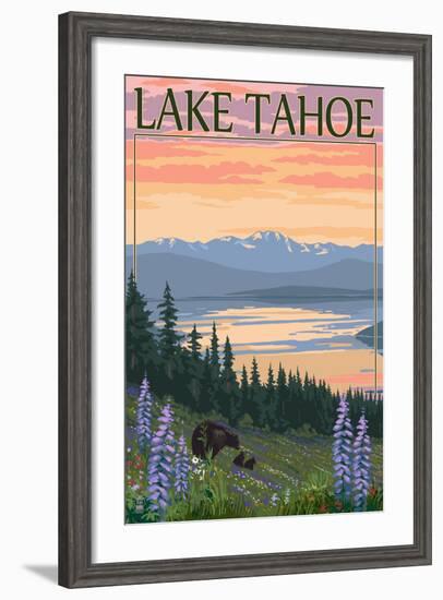 Lake Tahoe - Bear Family and Spring Flowers-Lantern Press-Framed Art Print