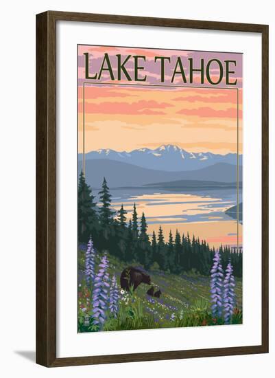 Lake Tahoe - Bear Family and Spring Flowers-Lantern Press-Framed Art Print