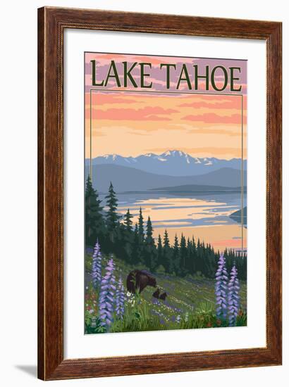 Lake Tahoe - Bear Family and Spring Flowers-Lantern Press-Framed Art Print