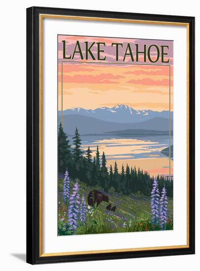 Lake Tahoe - Bear Family and Spring Flowers-Lantern Press-Framed Art Print