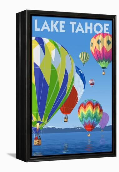 Lake Tahoe, California - Hot Air Baloons Scene-Lantern Press-Framed Stretched Canvas