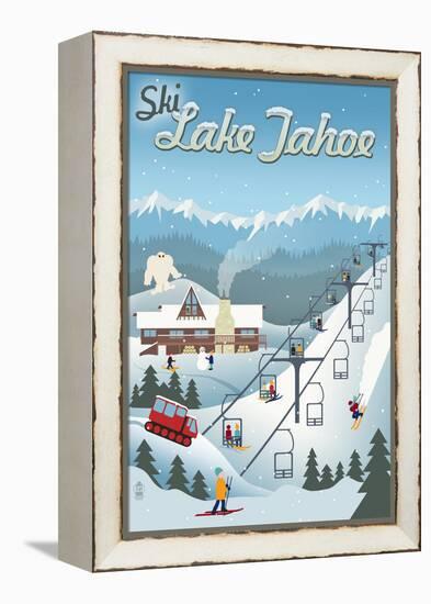 Lake Tahoe, California - Retro Ski Resort-Lantern Press-Framed Stretched Canvas