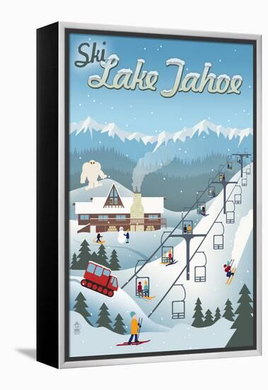 Lake Tahoe, California - Retro Ski Resort-Lantern Press-Framed Stretched Canvas