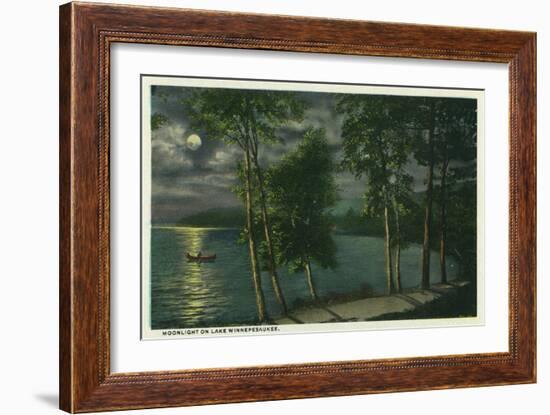 Lake Winnipesaukee, Maine - Moonlit Scene on the Lake-Lantern Press-Framed Art Print