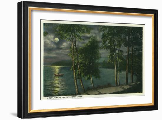 Lake Winnipesaukee, Maine - Moonlit Scene on the Lake-Lantern Press-Framed Art Print