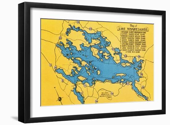 Lake Winnipesaukee, Maine - Roadmap of the Lake and Highways-Lantern Press-Framed Art Print