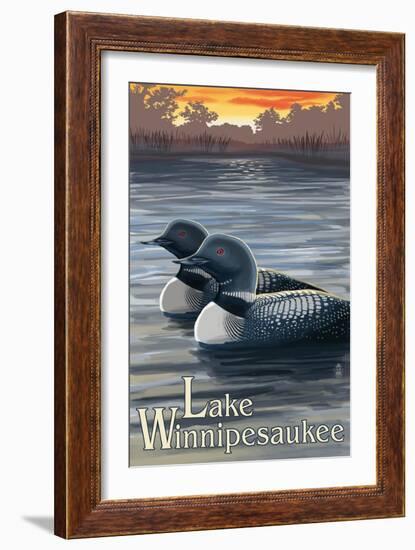 Lake Winnipesaukee, New Hampshire - Loons-Lantern Press-Framed Art Print