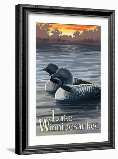 Lake Winnipesaukee, New Hampshire - Loons-Lantern Press-Framed Art Print