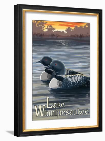 Lake Winnipesaukee, New Hampshire - Loons-Lantern Press-Framed Art Print