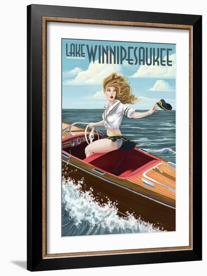 Lake Winnipesaukee, New Hampshire - Pinup Girl Boating-Lantern Press-Framed Art Print