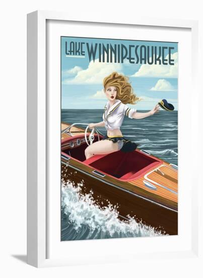 Lake Winnipesaukee, New Hampshire - Pinup Girl Boating-Lantern Press-Framed Art Print