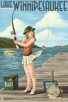 Lake Winnipesaukee, New Hampshire - Pinup Girl Fishing' Art Print