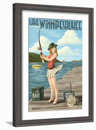 Lake Winnipesaukee, New Hampshire - Pinup Girl Fishing-Lantern Press-Framed Art Print
