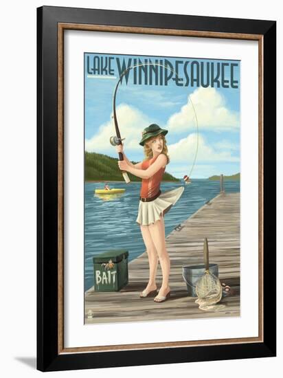 Lake Winnipesaukee, New Hampshire - Pinup Girl Fishing-Lantern Press-Framed Art Print