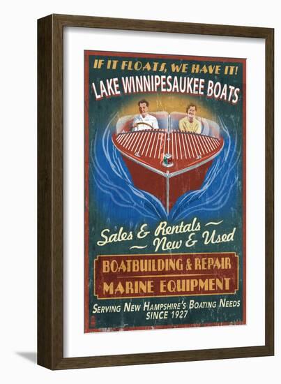Lake Winnipesaukee, New Hampshire - Vintage Boat Sign-Lantern Press-Framed Art Print