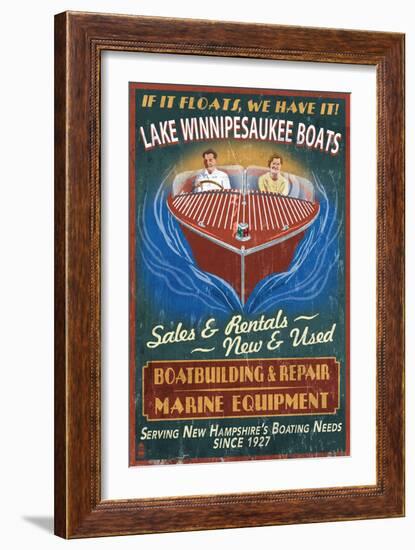 Lake Winnipesaukee, New Hampshire - Vintage Boat Sign-Lantern Press-Framed Art Print