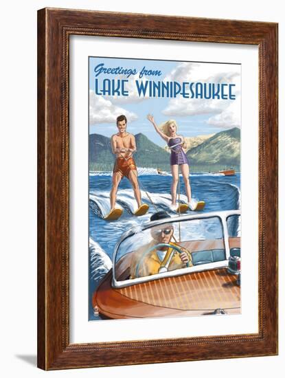 Lake Winnipesaukee, New Hampshire - Water Skiing Scene-Lantern Press-Framed Art Print