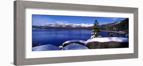 Lake with a Snowcapped Mountain Range in the Background, Sand Harbor, Lake Tahoe, California, USA-null-Framed Photographic Print