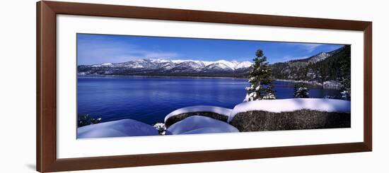 Lake with a Snowcapped Mountain Range in the Background, Sand Harbor, Lake Tahoe, California, USA-null-Framed Photographic Print