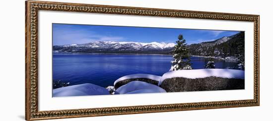 Lake with a Snowcapped Mountain Range in the Background, Sand Harbor, Lake Tahoe, California, USA-null-Framed Photographic Print