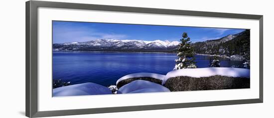 Lake with a Snowcapped Mountain Range in the Background, Sand Harbor, Lake Tahoe, California, USA-null-Framed Photographic Print