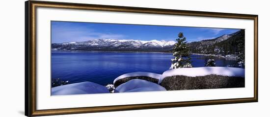 Lake with a Snowcapped Mountain Range in the Background, Sand Harbor, Lake Tahoe, California, USA-null-Framed Photographic Print