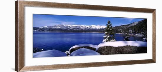 Lake with a Snowcapped Mountain Range in the Background, Sand Harbor, Lake Tahoe, California, USA-null-Framed Photographic Print