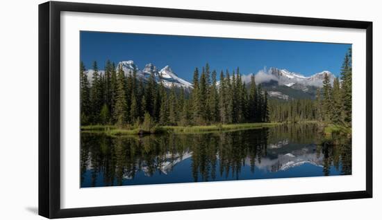 Lake with mountains in background, Three Sisters Mountain, Mount Lawrence Grassi, Canmore, Alber...-null-Framed Photographic Print