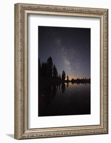 Lake with Reflection of the Milky Way and Silhouetted Trees, Lassen Volcanic Np, California, USA-Mark Taylor-Framed Photographic Print