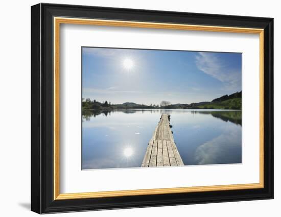 Lake with wooden jetty and sun, Muttelsee, Tettnang Baden-Wurttemberg, Germany-Raimund Linke-Framed Photographic Print