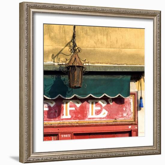 Lamp and Awning Outside Venice Caffe-Mike Burton-Framed Photographic Print