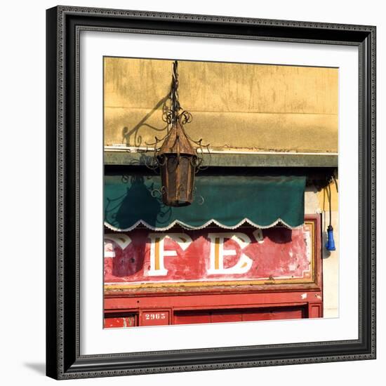 Lamp and Awning Outside Venice Caffe-Mike Burton-Framed Photographic Print