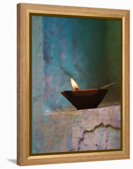 Lamp in a Little Shrine Outside Traditional House, Varanasi, India-Keren Su-Framed Premier Image Canvas