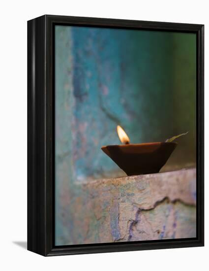 Lamp in a Little Shrine Outside Traditional House, Varanasi, India-Keren Su-Framed Premier Image Canvas