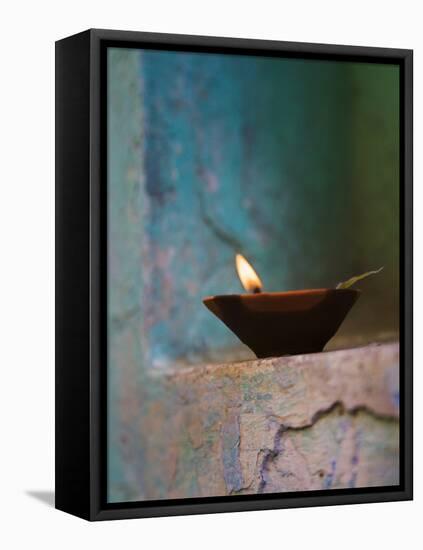 Lamp in a Little Shrine Outside Traditional House, Varanasi, India-Keren Su-Framed Premier Image Canvas