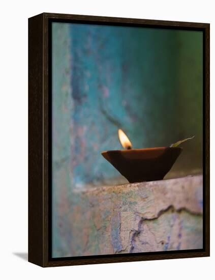 Lamp in a Little Shrine Outside Traditional House, Varanasi, India-Keren Su-Framed Premier Image Canvas