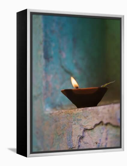 Lamp in a Little Shrine Outside Traditional House, Varanasi, India-Keren Su-Framed Premier Image Canvas