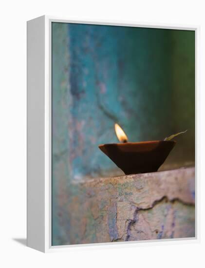 Lamp in a Little Shrine Outside Traditional House, Varanasi, India-Keren Su-Framed Premier Image Canvas