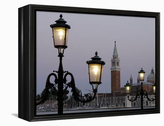 Lampposts Lit Up at Dusk with Building in the Background, San Giorgio Maggiore, Venice, Italy-null-Framed Premier Image Canvas