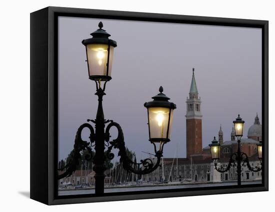 Lampposts Lit Up at Dusk with Building in the Background, San Giorgio Maggiore, Venice, Italy-null-Framed Premier Image Canvas