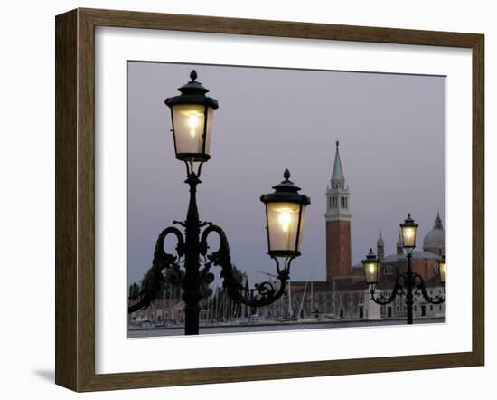 Lampposts Lit Up at Dusk with Building in the Background, San Giorgio Maggiore, Venice, Italy-null-Framed Photographic Print