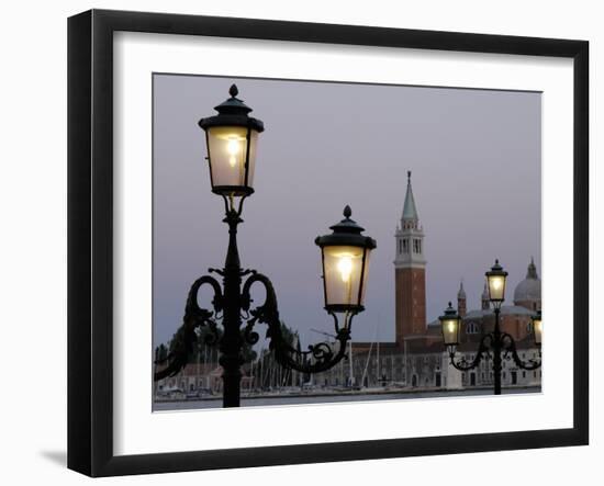 Lampposts Lit Up at Dusk with Building in the Background, San Giorgio Maggiore, Venice, Italy-null-Framed Photographic Print