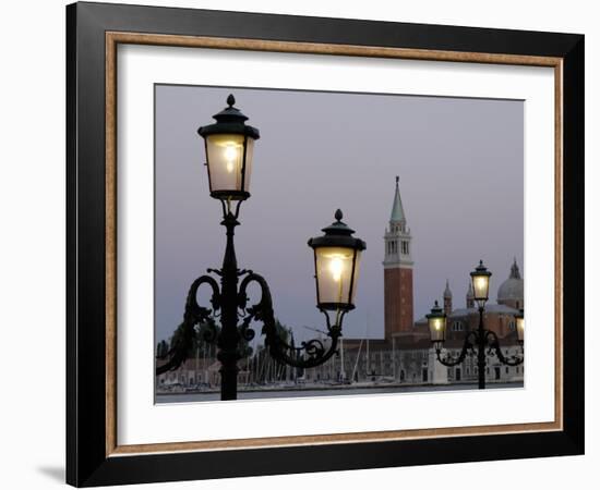 Lampposts Lit Up at Dusk with Building in the Background, San Giorgio Maggiore, Venice, Italy-null-Framed Photographic Print