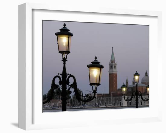 Lampposts Lit Up at Dusk with Building in the Background, San Giorgio Maggiore, Venice, Italy-null-Framed Photographic Print