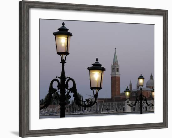 Lampposts Lit Up at Dusk with Building in the Background, San Giorgio Maggiore, Venice, Italy-null-Framed Photographic Print