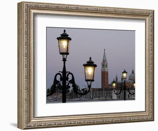 Lampposts Lit Up at Dusk with Building in the Background, San Giorgio Maggiore, Venice, Italy-null-Framed Photographic Print