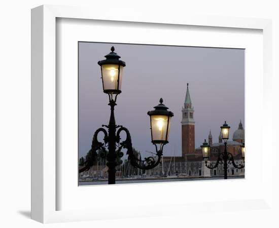 Lampposts Lit Up at Dusk with Building in the Background, San Giorgio Maggiore, Venice, Italy-null-Framed Photographic Print