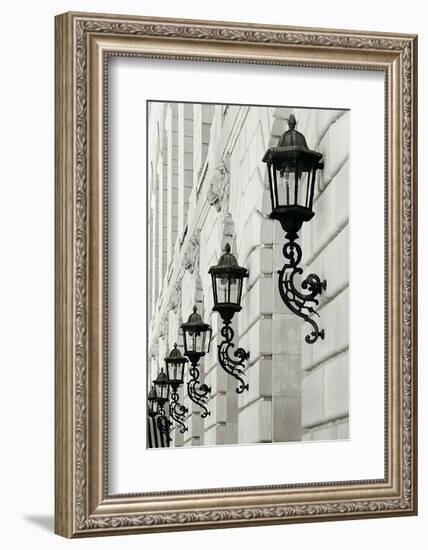 Lamps on Side of Building-Christian Peacock-Framed Art Print