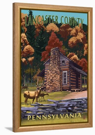 Lancaster County, Pennsylvania - Deer Family and Cabin Scene-Lantern Press-Framed Stretched Canvas