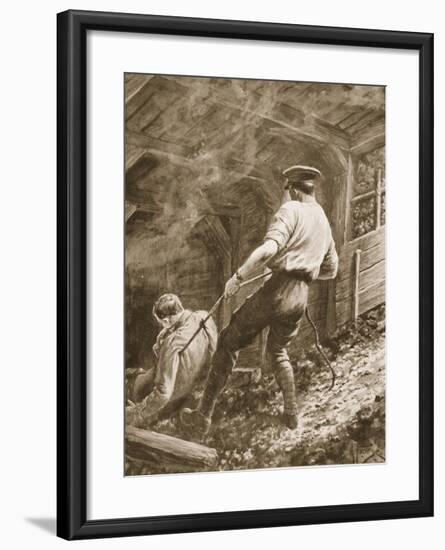 Lance-Corporal Clapson Dragging an Officer, Who Had Been Gassed, Out of a Mine (Litho)-Alfred Pearse-Framed Giclee Print